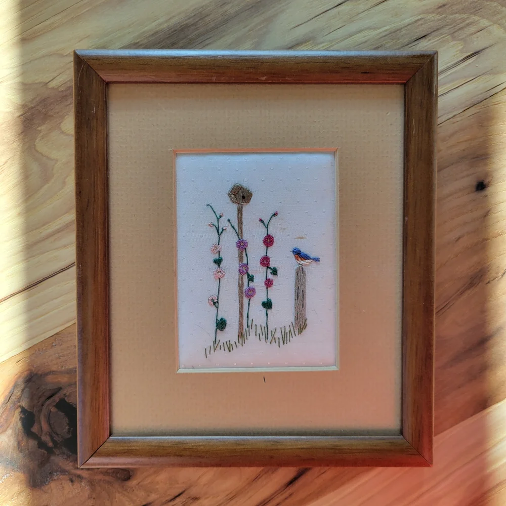 Hand Embroidered Vintage Blue Bird Wall Art - Set of 2 - Picture 7 of 11